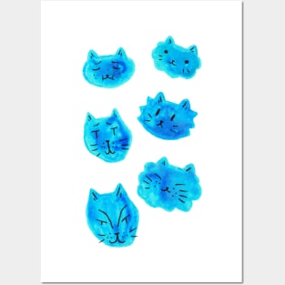 Blue Watercolor Cat Faces Posters and Art